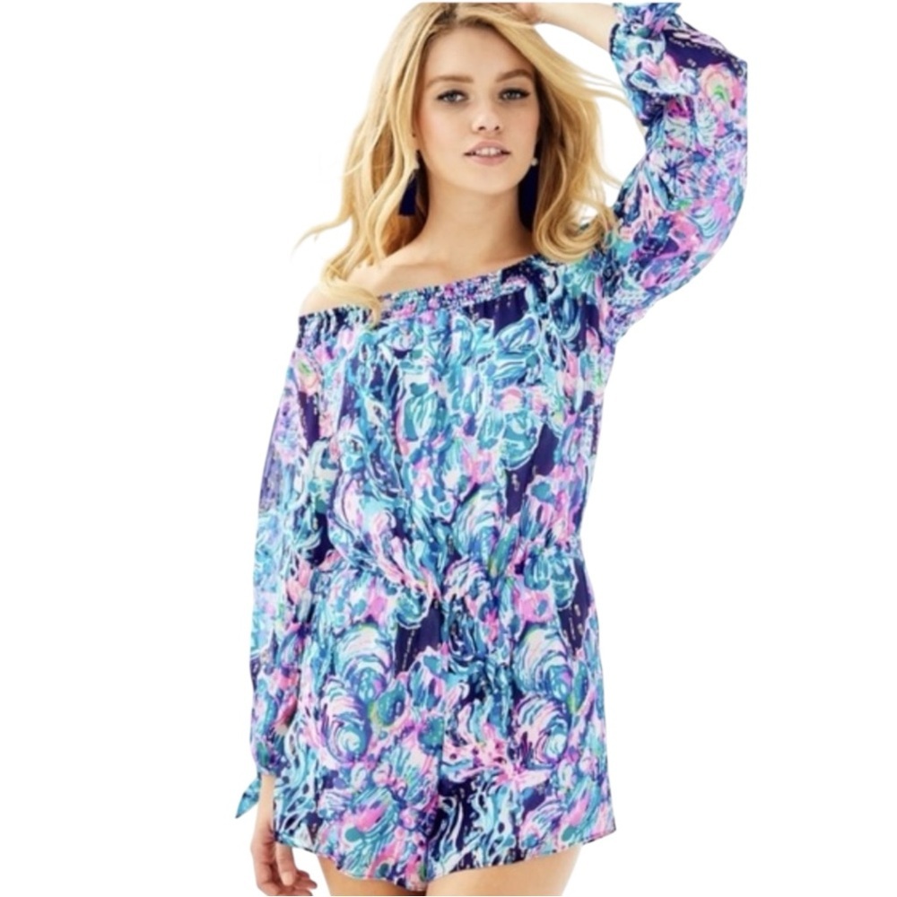 LILLY PULITZER Silk Myra Romper Off the Shoulder in Bright Navy Size XXS -- WOW